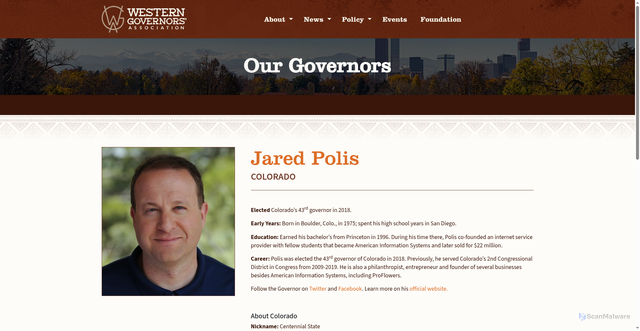 Security scan screenshot of https://westgov.org/about/our-governors-bio/jared-polis