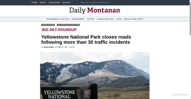 Security scan screenshot of https://dailymontanan.com/briefs/yellowstone-national-park-closes-roads-following-more-than-30-traffic-incidents/