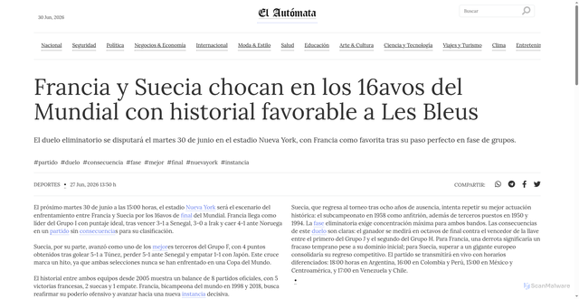 Security scan screenshot of https://www.elautomata.mx/nota/francia-suecia-chocan-los-16avos-del-mundial-con-historial-favorable-les-bleus/3747917