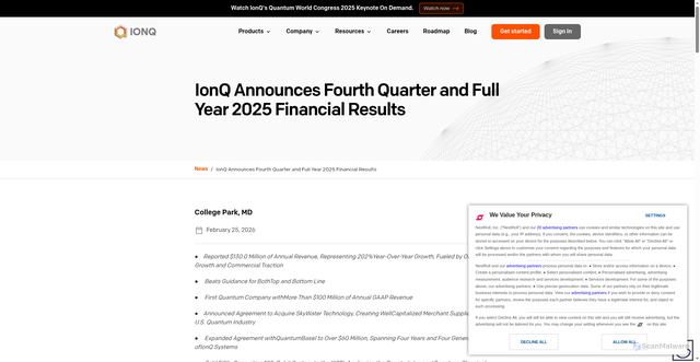 Security scan screenshot of https://www.ionq.com/news/ionq-announces-fourth-quarter-and-full-year-2025-financial-results