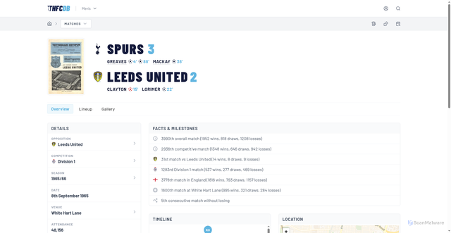 Security scan screenshot of https://thfcdb.com/matches/1965-66/leeds-united-08-sep-1965