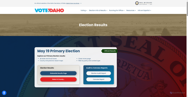 Security scan screenshot of https://voteidaho.gov/election-results/