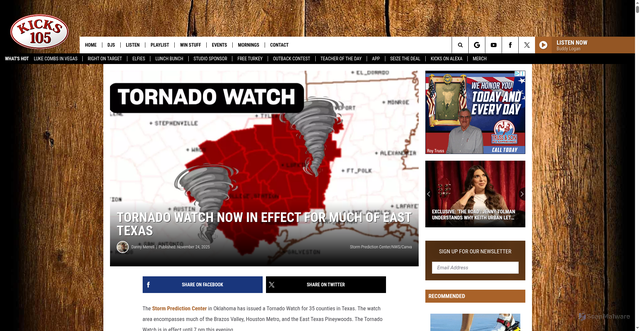 Security scan screenshot of https://kicks105.com/tornado-watch-east-texas-7/