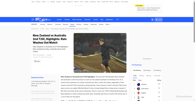 Security scan screenshot of https://sports.ndtv.com/cricket/new-zealand-vs-australia-2nd-t20i-live-score-nz-vs-aus-live-updates-scorecard-cricket-match-today-aus-v-nz-9387769