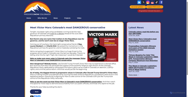 Security scan screenshot of https://progressnow.co/2026/05/14/meet-victor-marx-colorado-s-most-dangerous-conservative