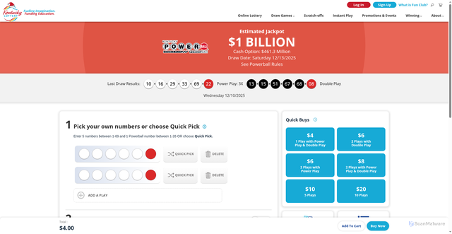 Security scan screenshot of https://play.kylottery.com/en-us/playnow/powerball.html