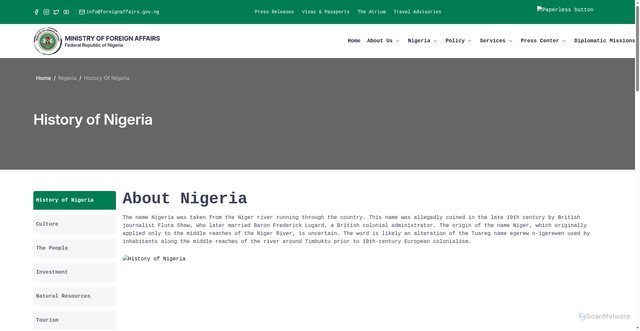Security scan screenshot of https://foreignaffairs.gov.ng/nigeria/history-of-nigeria/