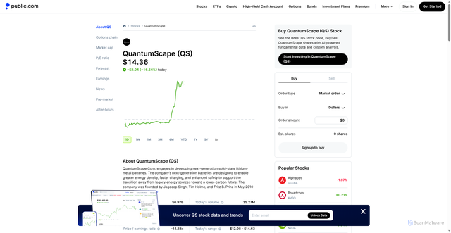 Security scan screenshot of https://public.com/stocks/qs