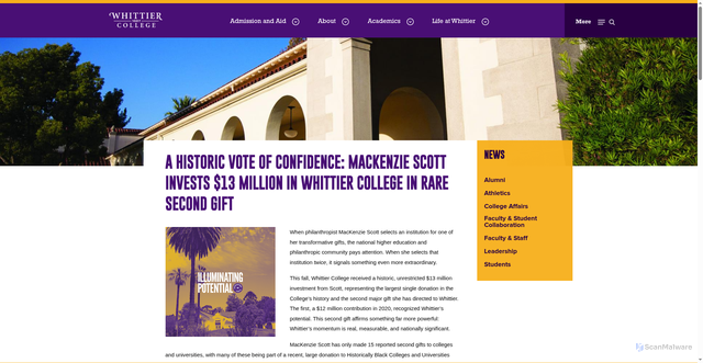 Security scan screenshot of https://whittier.edu/news/scott-investment