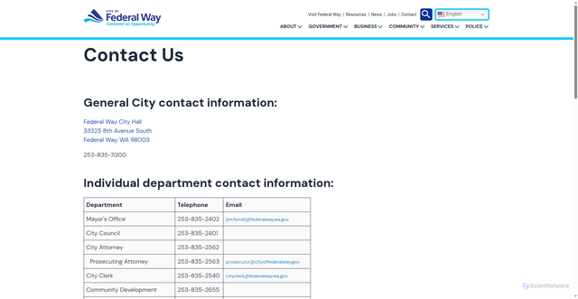 Security scan screenshot of https://www.federalwaywa.gov/page/contact-us