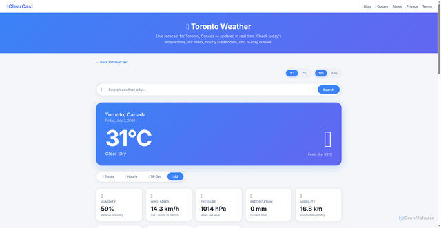 Security scan screenshot of https://clearcastweather.com/weather/toronto-on