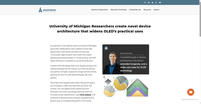Security scan screenshot of https://angstromengineering.com/university-of-michigan-researchers-create-novel-device-architecture-that-widens-oleds-practical-uses/