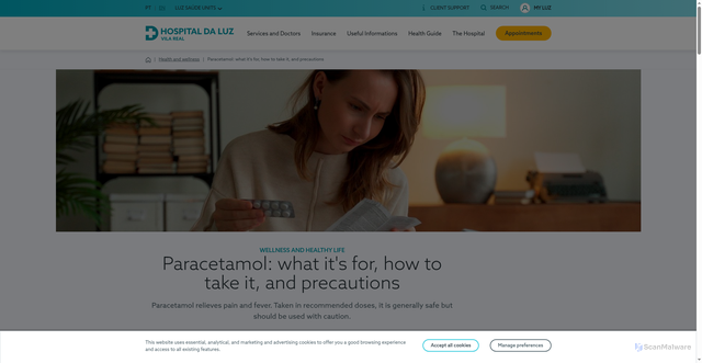 Security scan screenshot of https://www.hospitaldaluz.pt/vila-real/en/health-and-wellness/paracetamol-what-it-is-how-take-it-precautions