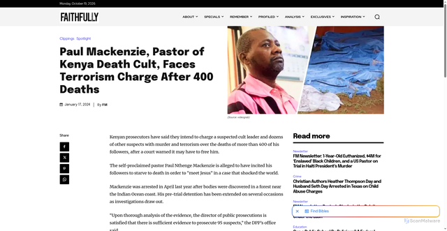 Security scan screenshot of https://faithfullymagazine.com/paul-mackenzie-pastor-kenya-death-cult-terrorism-charge-after-400-deaths/