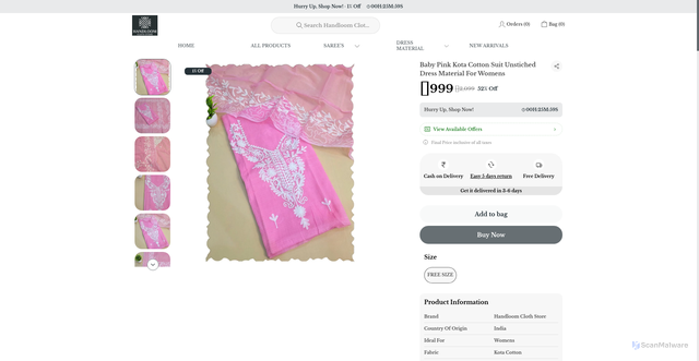 Security scan screenshot of https://handloomclothstore.com/Baby-Pink-Kota-Cotton-Suit-Unstiched-Dress-Material-For-Womens/catalogue/J8Yvmel_/yDGs2yJy
