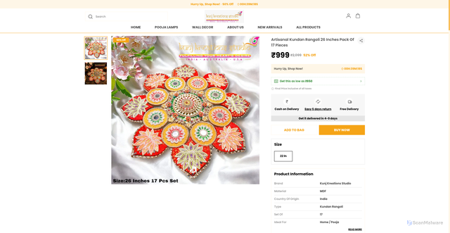 Security scan screenshot of https://kunjkreationsstudio.com/Artisanal-Kundan-Rangoli-26-Inches-Pack-Of-17-Pieces/catalogue/RVSUdk_l/AaD7uu5c
