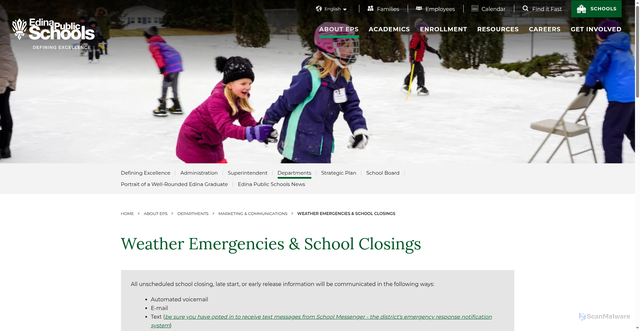 Security scan screenshot of https://www.edinaschools.org/abouteps/departments/communications/emergency-school-closings