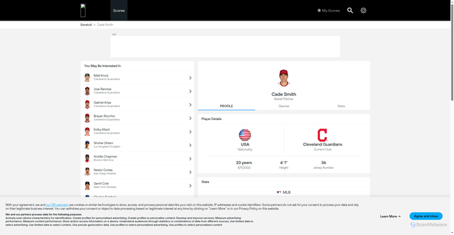 Security scan screenshot of https://www.365scores.com/en-us/baseball/player/cade-smith-156388