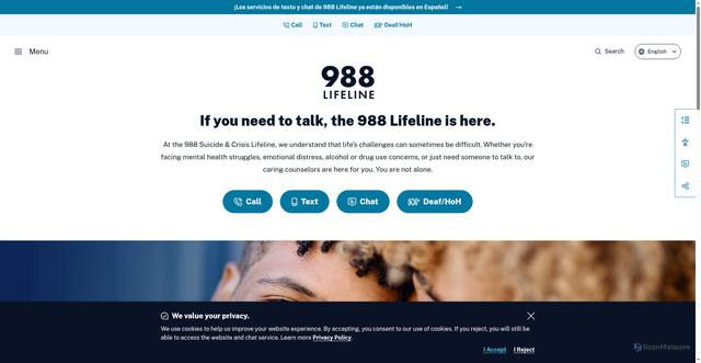 Security scan screenshot of https://988lifeline.org/