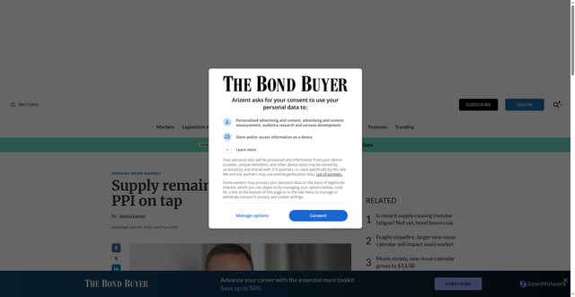 Security scan screenshot of https://www.bondbuyer.com/news/supply-remains-healthy-may-cpi-ppi-on-tap