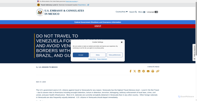 Security scan screenshot of https://mx.usembassy.gov/do-not-travel-to-venezuela-for-any-reason-and-avoid-venezuelan-borders-with-colombia-brazil-and-guyana/