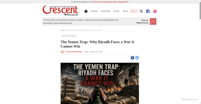 Security scan screenshot of https://crescent.icit-digital.org/articles/the-yemen-trap-why-riyadh-faces-a-war-it-cannot-win