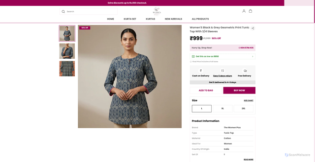 Security scan screenshot of https://thewomenplus.com/WomenS-Black---Grey-Geometric-Print-Tunic-Top-With/catalogue/EYzRKKPG/AQGnlAG-
