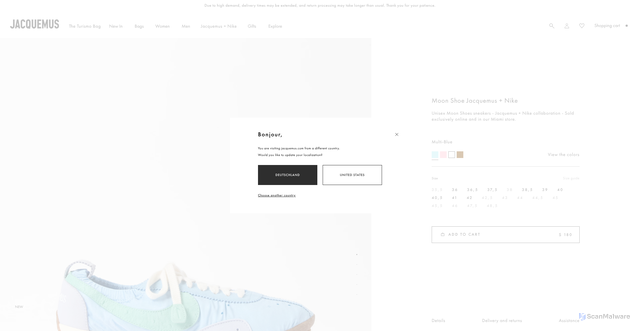 Security scan screenshot of https://www.jacquemus.com/en_us/moon-shoe-jacquemus-%2B-nike/FOU00176BW00712030.html