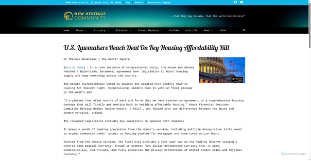 Security scan screenshot of https://newheritagecommunity.com/worthy-news/?story=u-s-lawmakers-reach-deal-on-key-housing-affordability-bill