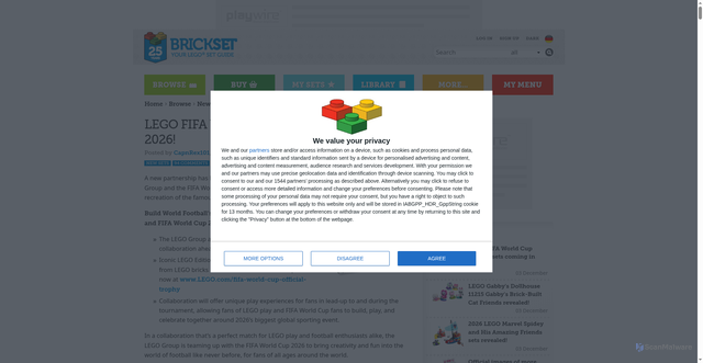 Security scan screenshot of https://brickset.com/article/127596/lego-fifa-world-cup-football-sets-coming-in-2026!