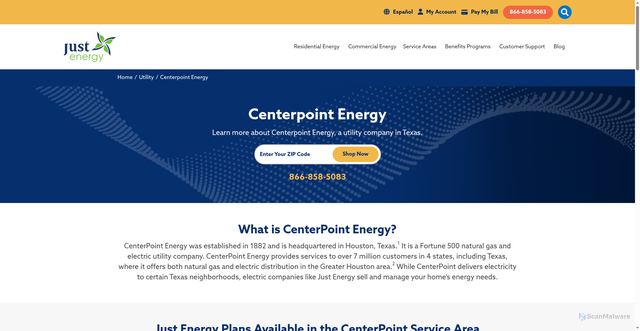 Security scan screenshot of https://justenergy.com/utility/centerpoint-energy/