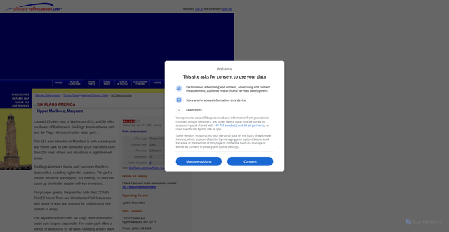 Security scan screenshot of https://www.ultimaterollercoaster.com/themeparks/sixflags-america/