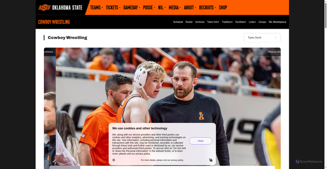 Security scan screenshot of https://okstate.com/sports/wrestling/roster/coaches/david-taylor/3409