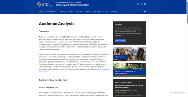 Security scan screenshot of https://www.comm.pitt.edu/oral-comm-lab/audience-analysis