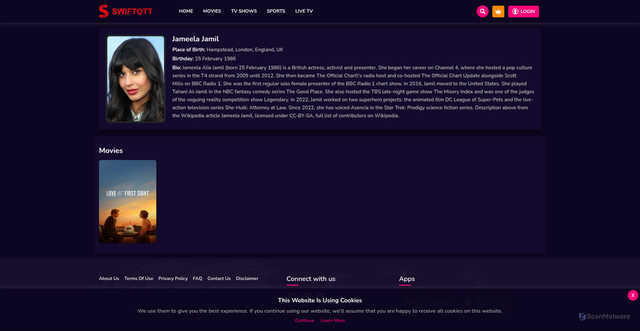 Security scan screenshot of https://www.swiftott.com/actors/jameela-jamil/12958