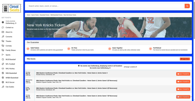 Security scan screenshot of https://greatseats.com/performer/new-york-knicks-tickets