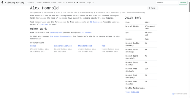 Security scan screenshot of https://climbing-history.org/climber/622/alex-honnold