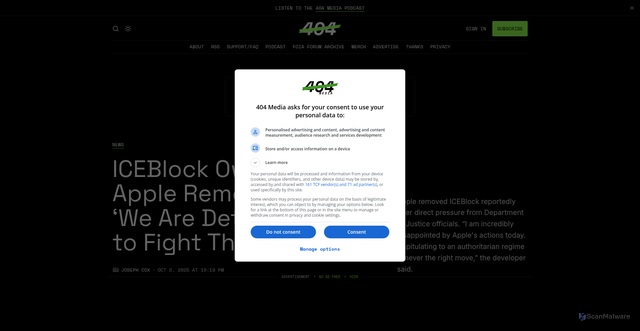 Security scan screenshot of https://www.404media.co/iceblock-owner-after-apple-removes-app-we-are-determined-to-fight-this/