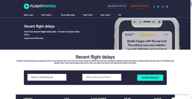 Security scan screenshot of https://flightpatrol.com/recent-flight-delays/