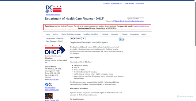 Security scan screenshot of https://dhcf.dc.gov/service/supplemental-security-income-ssi-program