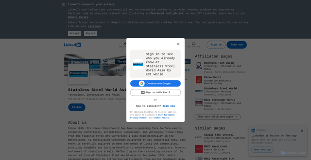 Security scan screenshot of https://www.linkedin.com/showcase/stainless-steel-world-asia-by-kci-world/
