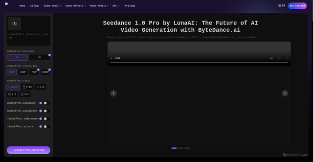 Security scan screenshot of https://lunaai.video/features/seedance-1-0-pro