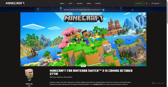 Security scan screenshot of https://www.minecraft.net/en-us/article/minecraft-for-nintendo-switch-2-release-date