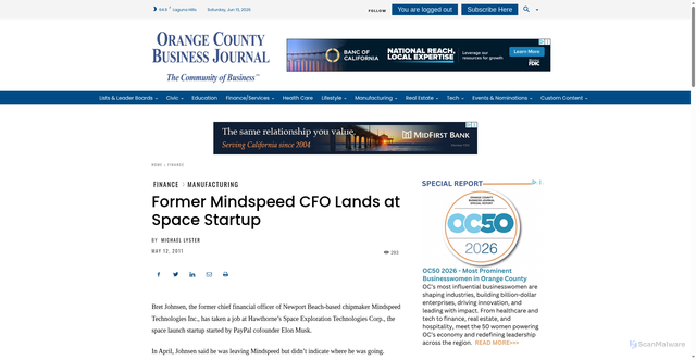 Security scan screenshot of https://www.ocbj.com/finance/former-mindspeed-cfo-lands-space-startup/