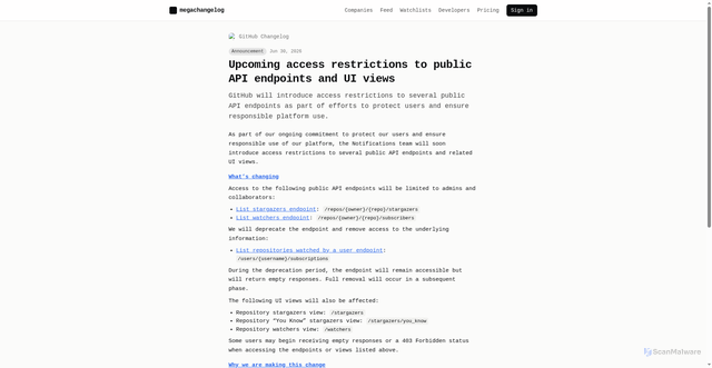 Security scan screenshot of https://megachangelog.com/changes/github/upcoming-access-restrictions-to-public-api-endpoints-and-ui-views-66ab5bf