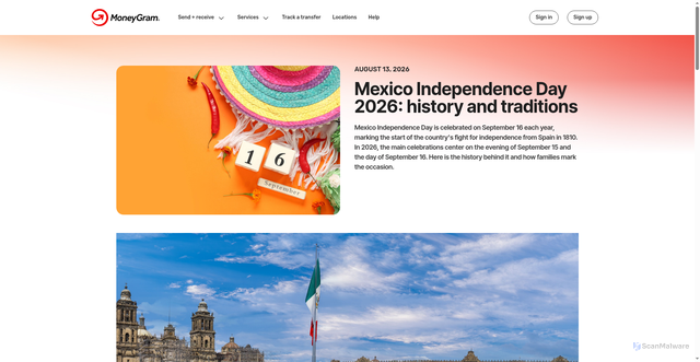 Security scan screenshot of https://www.moneygram.com/blog/mexico-independence-day-2026-history-and-traditions