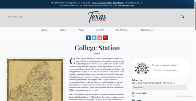 Security scan screenshot of https://www.texasalmanac.com/places/college-station