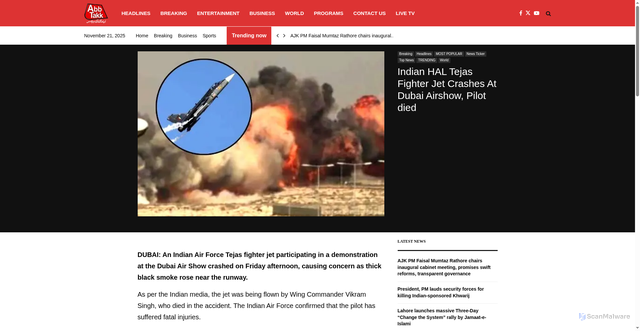 Security scan screenshot of https://abbtakk.tv/indian-hal-tejas-fighter-jet-crashes-at-dubai-airshow/