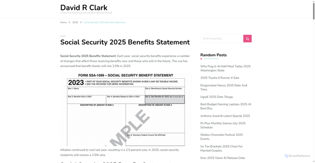 Security scan screenshot of https://davidrclarki.pages.dev/ycowc-social-security-2025-benefits-statement-dbfqv/