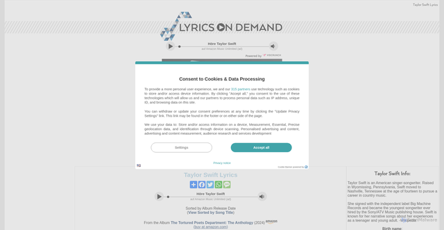 Security scan screenshot of https://www.lyricsondemand.com/t/taylorswiftlyrics/index.html